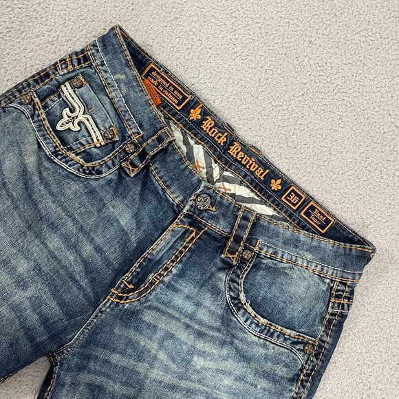 Rock Revival Rand Taper Jeans Men 36x34 Blue Tie Dye Studded Stretch Denim - Picture 3 of 12